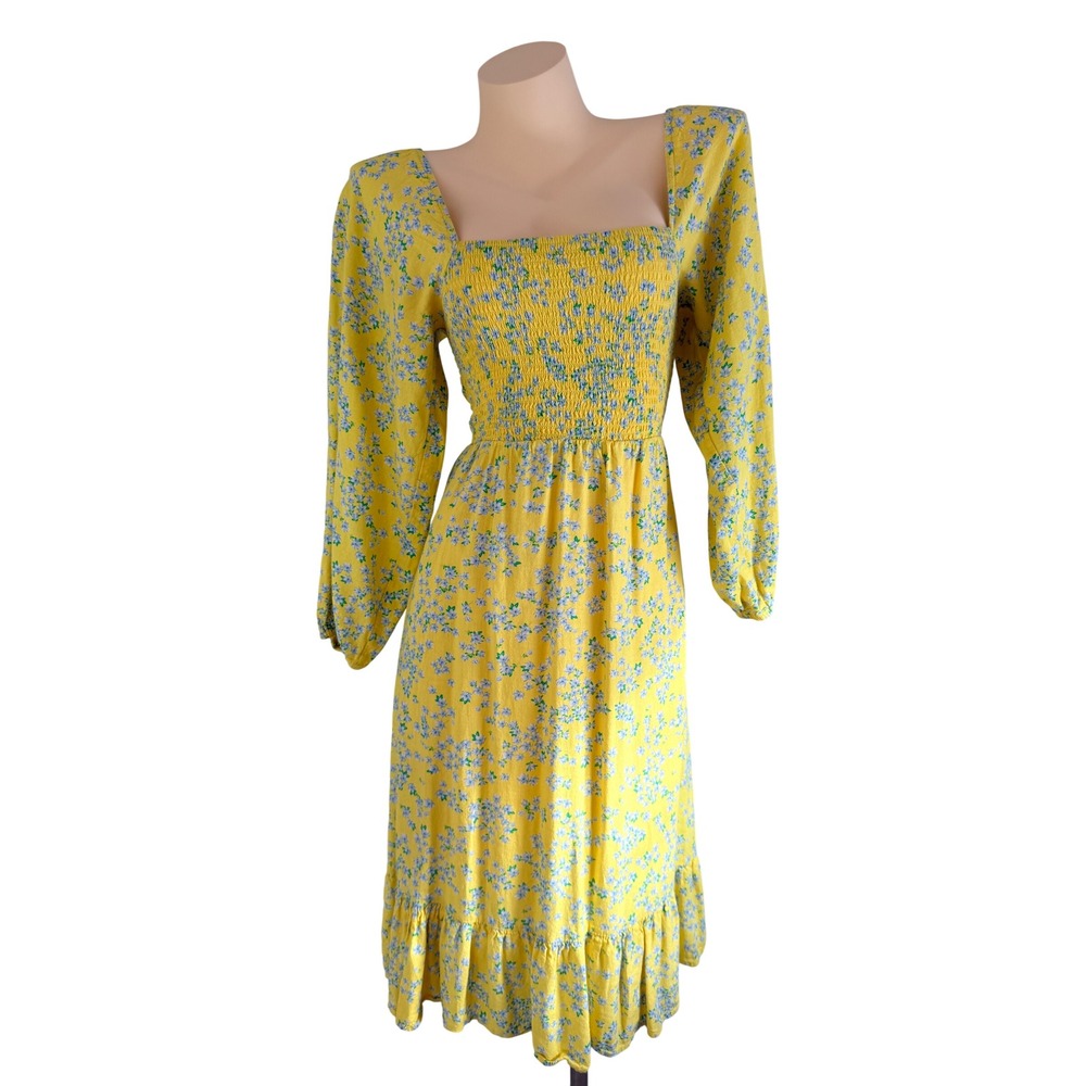Cottagecore Draper James RSVP Yellow Floral Smocked Midi Dress XS Long Sleeve